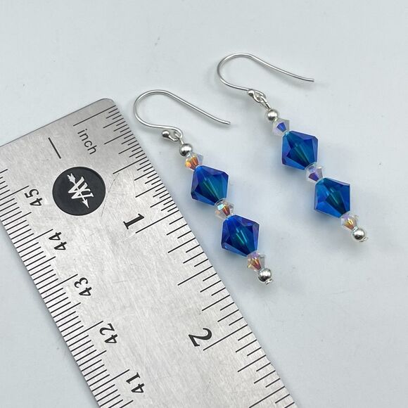 Made With Swarovski Crystal Teal Blue White AB Beaded Sterling Silver Earrings - Picture 7 of 7